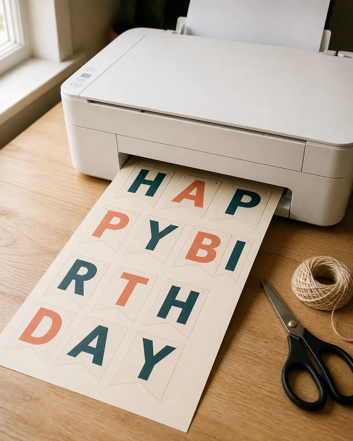 A printed sheet of banner letters coming out of a home inkjet printer beside scissors and twine