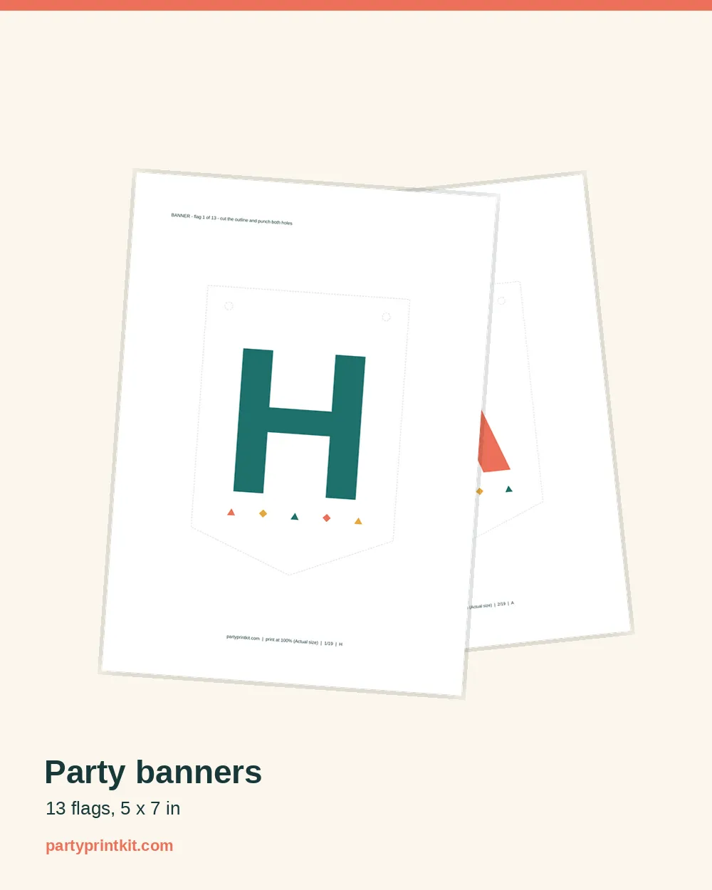 Close-up of printed banner letter flags with the dashed cut line and hanging holes