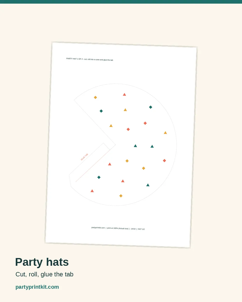 Printed party hat template sheet with the glue tab marked